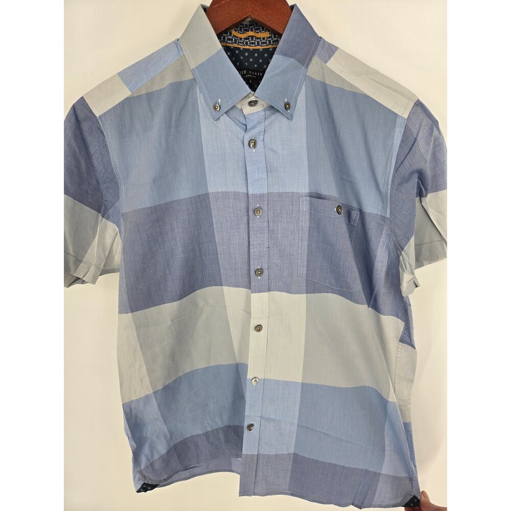 Ted Baker Men's 4 (Large) Blue Gray Colorblock Checkered Button-down Shirt